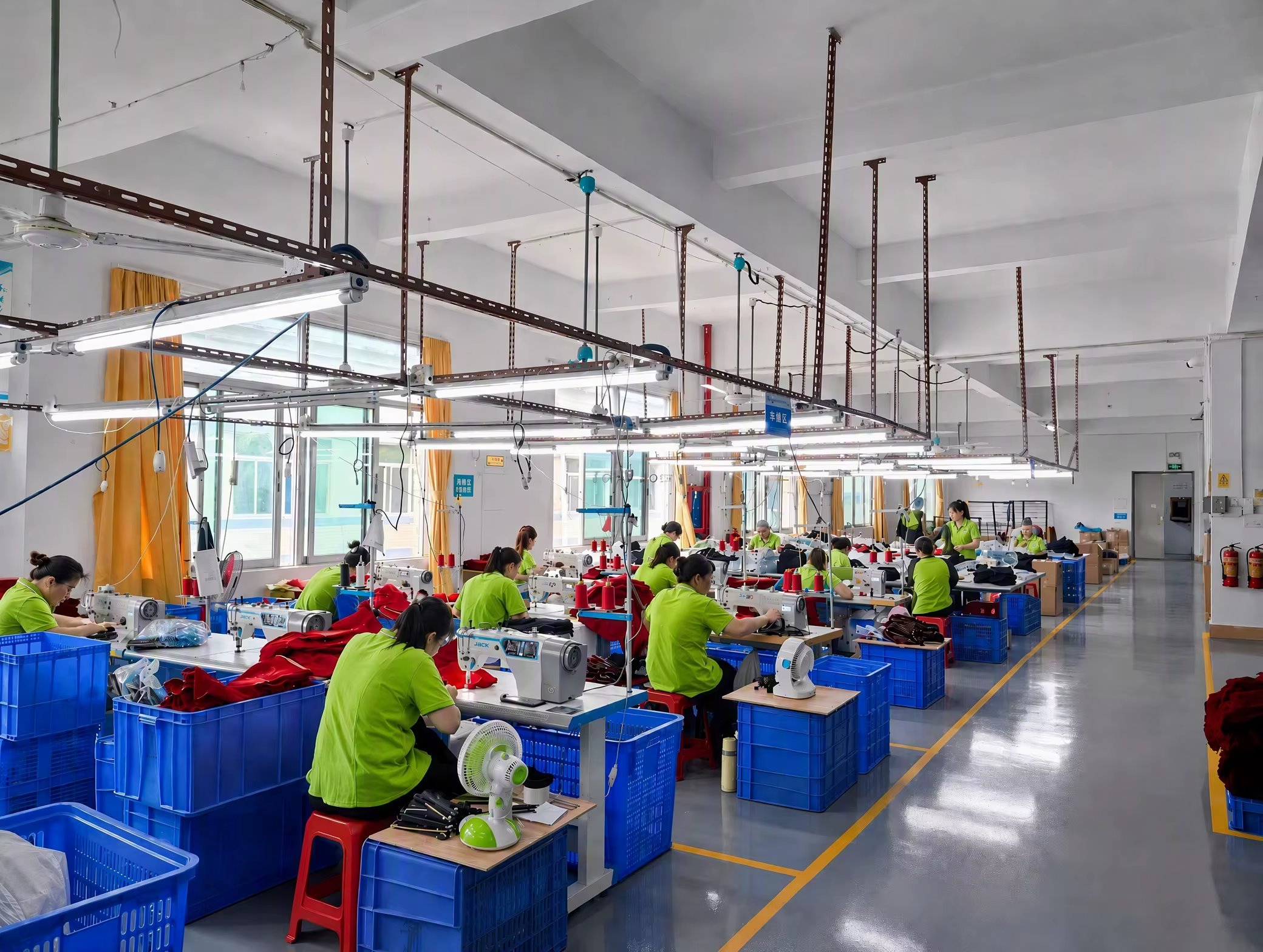YJX sewing workshop with fabric bag production teams and workstations